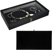 Mooca Wooden Jewelry display case Tempered Glass Top Lid,Gemstone Display Case Storage Box,Home organization Accessories Box with Metal Clasp and Black Velvet Pad,Black,(WD83C-DBK+93-1)