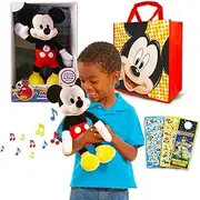 Disney Mickey Mouse Singing Plush - Bundle with 4 Pc Stuffed Singing Toy, Tote Bag, Stickers, and Door Hanger | Mickey Mouse Plushie