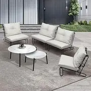 Livsip 6 PCS Outdoor Sofa Set, 2-in-1 Nesting Table and 4PCS Single Tufted Backrest Cushions Chairs Outdoor Lounge Setting Patio Furniture, Beige