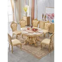 在飛比找ETMall東森購物網優惠-歐式全實木大理石餐桌雙層圓桌美式新古典香檳金色餐桌椅組合6人