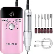 Bouzaak Portable Nail Drill 45000 RPM,Rechargeable Electric Nail File with 6 Drill Bits for Acrylic Gel Nails,Cuticle Removal for Home Manicure Salon (Pink)