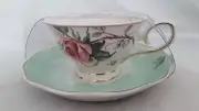 Grace Teaware Fine Porcelain Cup & Saucer with Gold Trim Roses Bees Light Green