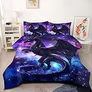 CCoutueChen Fantasy Dragon Bedding Set Purple Blue Nebula Comforter Set Twin Size Mysterious Outer Space Bedding Set for Kids Boys Girls Teens Room Decor Safari Wildlife Animals Quilt Set