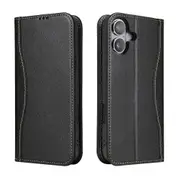 For iPhone 16 Plus Case Fierre Shann Genuine Cowhide Leather Wallet Cover Black