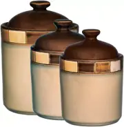 GIBSON CASA ESTEBANA 3 pc BROWN and BEIGE STONEWARE KITCHEN CANISTER JAR SET