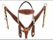 Western Brown Leather Hand Leaf Carved Breast Collar & Headstall