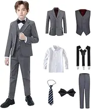 [Datysum] Boys Suits Black Suit for Boy Slim Fit Formal Toddler Kids 7Pcs Vest Dress Pants Blazer Ring Bearer Outfit with Accessory