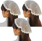 [YuRongsxt] 3 Pcs Ivory Rose Embroidered Lace Chapel Cap Veil Rounded Chapel Cap Ivory Small Round Chapel Cap Veil M33