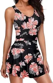 [Generic] One Piece Swimsuits for Women Modest Tummy Control Swimdress Vintage Bathing Suits Skirt Swimwear