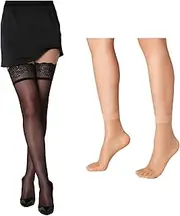 [VHD] Women’s Black Thigh High Silicone Lace Top Shiny Hold Up Stockings & Skin Color Sheer Ankle High Socks Pack, Sexy Stay Up, Sheer Nylon Pantyhose for Lingerie, Hosiery, 15 DEN, Standard Size, Black