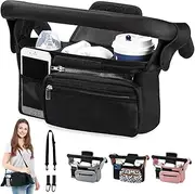 HINATAA Buggy Pram Organiser, Baby Pram Bag with 2 Drink Holders, Buggy Organiser Children's Trolley with Shoulder Strap & 2 x Secure Hooks, Pram Accessories with Zip Pocket (Black)