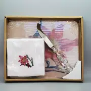 Amaryllis Hostess Set W/ Glass Board, Cheese Knife, and Embroidered Napkins NEW