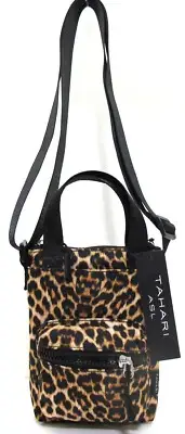 NEW TAHARI Nylon Mini Satchel Crossbody Phone Bag Brown Leopard