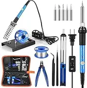 RAZZAI Soldering Iron Kit Electronics, 60W Iron Tools with ON-Off Switch, 5pcs Soldering Iron Tips, Solder Sucker, Soldering Iron Stand, Tweezers, Solder Wire, Wire Cutter, PU Carry Bag