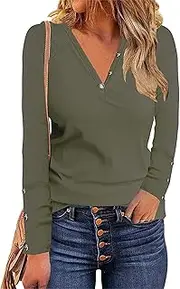 [Zylphorix] Women Button V Neck Long Sleeved T Shirt Casual Slim Fit Button Down Tops Scoop Neck Ribbed Knit Shirts