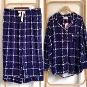 PETER ALEXANDER viscose navy check wide leg button down pj pyjama set sz 3XL