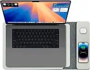 Laser 16" Wireless Charger Laptop Sleeve - Mouse Pad, PU Leather, Magsafe & Qi Compatible, 15W Fast Charge, Water Resistant, Travel Laptop Case - Fits MacBook, Chromebook, Kindle, iPad Air/Pro (Grey)