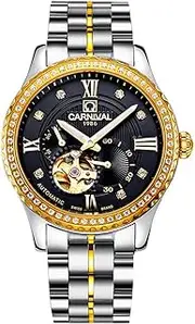 [carlien] Men Top Brand Skeleton Automatic Movement Diamond Luminous Business Stainless Steel Waterproof Watch