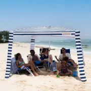 NIB COOLCABANA5 Beach Cabana Sun Shade Shelter 8'X8' Navy Stripes w/ Grass Kit