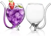 TINGJUNN 2 Piece Set of 10oz Creative Wine Glasses with Straws, Cocktail Glasses for Juice, Wine, Suitable for Home, Party, Bar, Club.