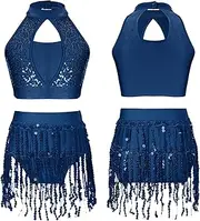 [Fldy] Kids Girls Sequin Jazz Latin Samba Dance Outfit Hollow Halter Top Fringe Dancewear Performance Set