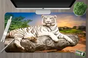 3D White Tiger Sunset Stone 8 Non-slip Office Desk Mouse Mat Keyboard Game