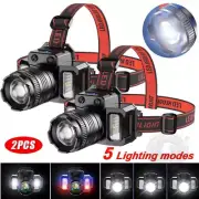 2PC 1200000lm LED Headlamp USB Rechargeable Headlight Flashlight Zoom Head Torch
