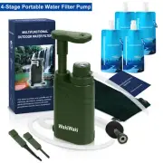 Portable Hand Pump Survival Water Filter Outdoor &4xCollapsible Water Bottle/Bag