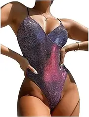 One-Piece Swimsuit Women V-Neck Backless Patchwork Girl Beach Adjustable Suits Swimwear