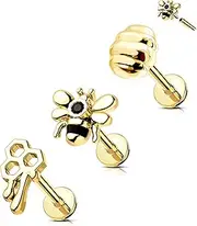 [CM Crareesi Mania] Cute Bee Flatback Forward Helix Earrings Stud Internally Threaded Labret Studs 316L Stainless Steel Cartilage Tragus Earrings Stud Medusa Piercing Jewellery 16G 8mm, 20Gauge, Cubic