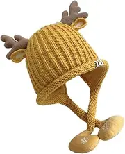 [Beavorty] Newborn Warm Beanie Hat with Lining Ear Flaps Cap Featuring Antler Design for Winter Protection for Outdoor Adventures Yellow