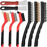 Swpeet 8Pcs Red Small Wire Brush Set With Curved Handle Grip for Cleaning Rust - Includes Brass, Stainless Steel, Nylon Brushes and Scraper