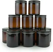 Nature Packaged Glass Amber 16oz Jar - 12 Packs, Empty Round Jars For Beauty Products, Lotion, and Powders - Black Lid - Small Candle Jars