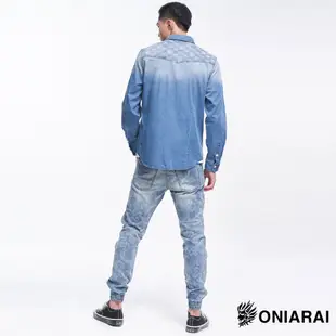 BLUE WAY 鬼洗 ONIARAI-牛仔襯衫/潮流鬼洗剪接緹花/00917