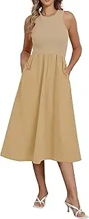 [Naggoo] Women's Sleeveless Dress Summer Casual Flowy Sundress Knit Tank Top Racerback Midi Dresses Pockets