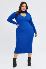Blue Knit Dress Long Sleeve High Neck Cut Out