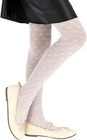 [hi!mom] Soft Patterned Girls White Tights, Microfiber Stretchy Strong Toe Children Pantyhose, Kids Tights For School Uniform Casual Dance, Multiple Cute Patterns, Sizes 6 to 13 Years