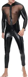 [JEShifangjiusu] Men's Long Sleeve Mesh Bodysuit One-Piece Fishnet Leotard Catsuit See Through Singlet Wrestling Underwear