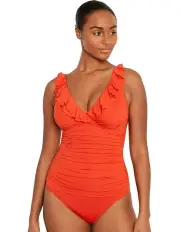 [Lauren Ralph Lauren] Beach Club Solids Ruffle Surplice Underwired One-Piece Swimsuit in Papaya