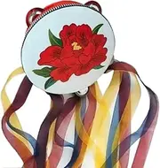 Peony Flowers Tambourines for Adults Hand-Made Embroidery, Tamborine for Dance Accompaniment Hand Drum Portable Metal Jingles(6inch,B)