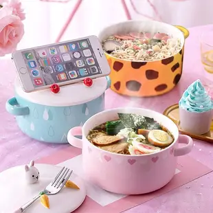 【堯峰陶瓷】可愛動物創意泡麵碗 湯麵碗(粉紅兔)單入 |可架手機
