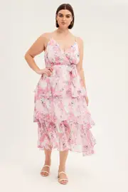 Pink Floral Midi Dress Shoestring Frill Chiffon Print