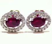 1.13CT 14K Gold Natural Ruby Round Cut Diamond Stud Halo Anniversary Earrings