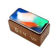 Wood-Look Dual Power LED Digital Alarm Clock with Temperature and Wireless QI Phone Charging