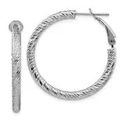 10K White Gold 3X25 Diamond-Cut Round Omega Back Hoop Earrings