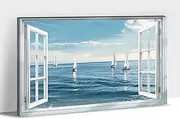 Beach Wall Art, Blue Ocean Canvas Prints Wall Decor, Window Frame Style Canvas Wall Decor Ocean Boat Sailing on The Sea Painting, Blue Coastal Landscape Framed Artwork for Bathroom Home Office 18"x24"