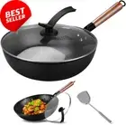 12.6" Carbon Steel Wok, Hand Hammered, with Lid & Spatula, Flat Bottom
