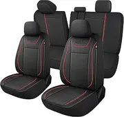 CAROMOP Luxury Leather Car Seat Covers Full Set,Waterproof Faux Leather Split Bench Seat Covers for Cars,Universal Car Interior Covers Seat Protectors for Sedans SUVs Pick-up Trucks(Black/Red)