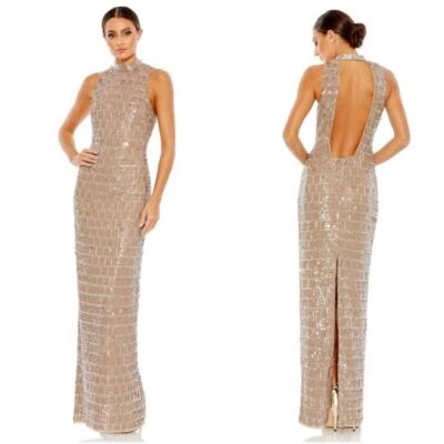 MAC DUGGAL Sequined High Neck Sleeveless Column Gown In Taupe Size 8 NWT