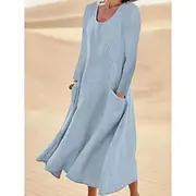 Women's Midi Dress Cotton Linen Dresses Elegant Stylish Basic Vacation Daily Date Loose Fit Plain Long Sleeve Crew Neck White Light Green Pink Sky Blue Spring